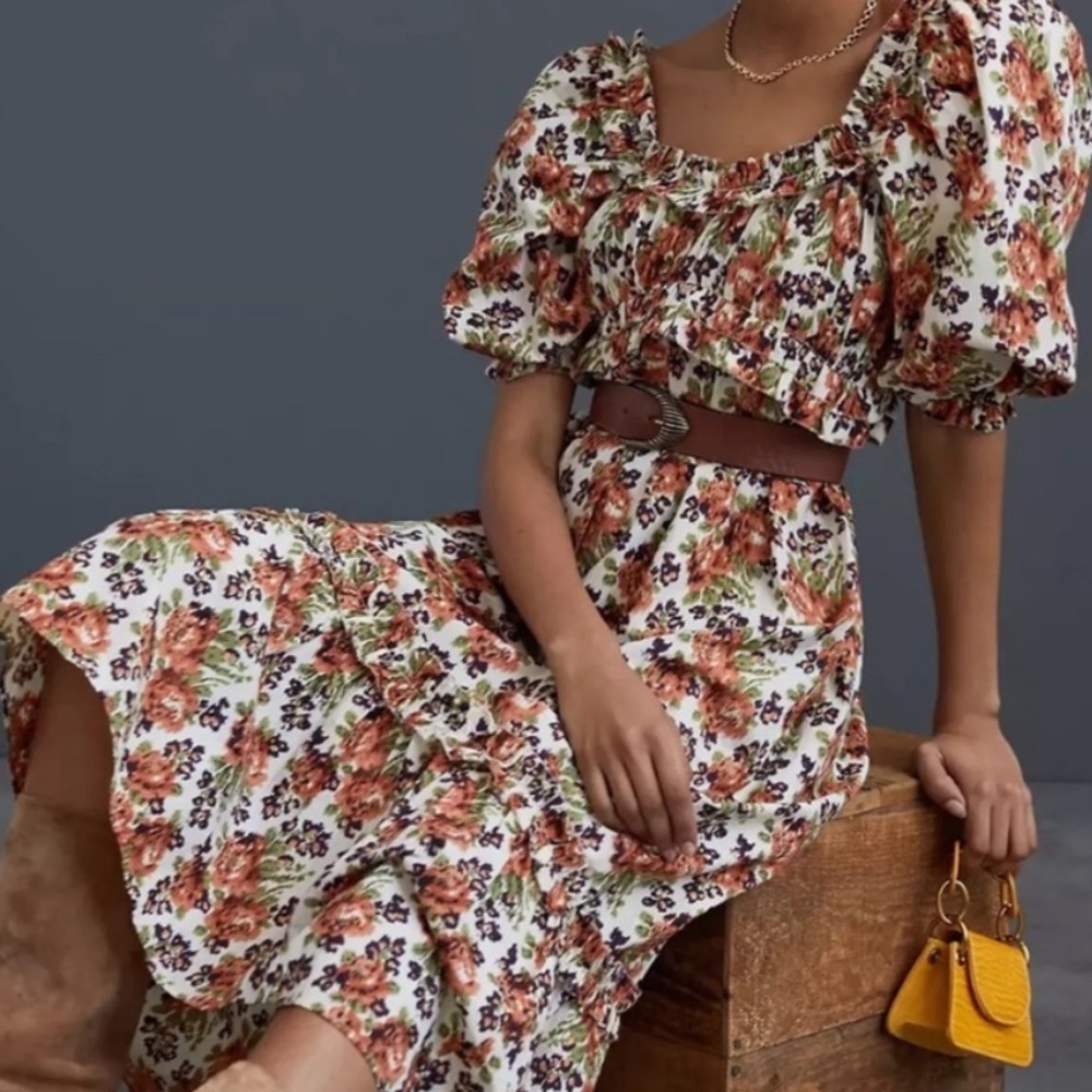 Smocked Puff Sleeve Maxi Dress - Cream & Orange Floral